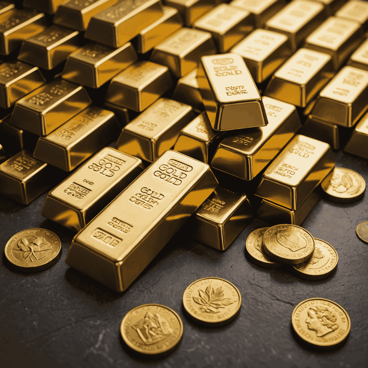 Gold bars and coins stacked on a table, representing the value and stability of gold as an investment for retirement