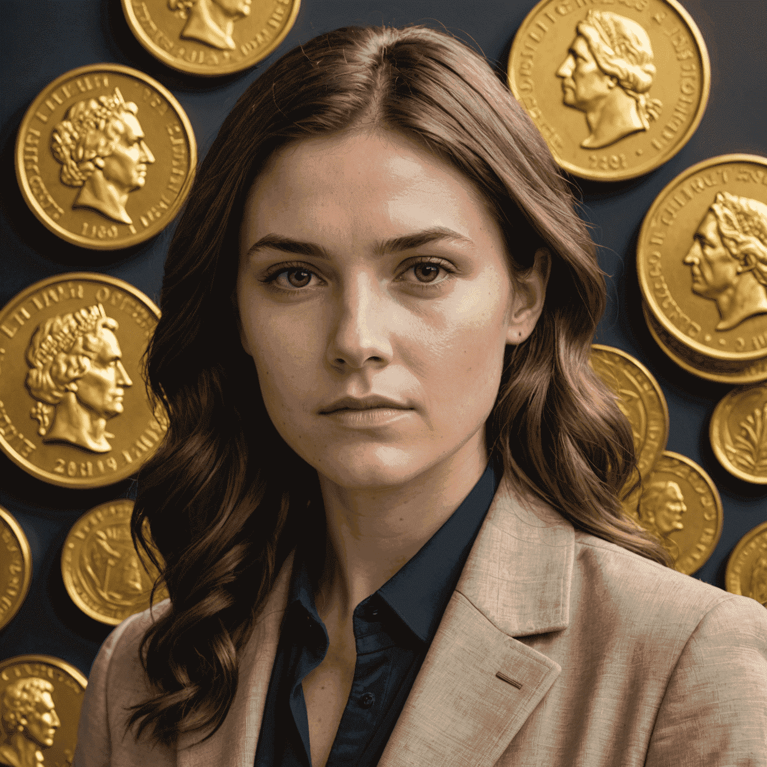 Portrait of the Chief Market Analyst of Coin Services Gold, a young woman with a serious and focused expression