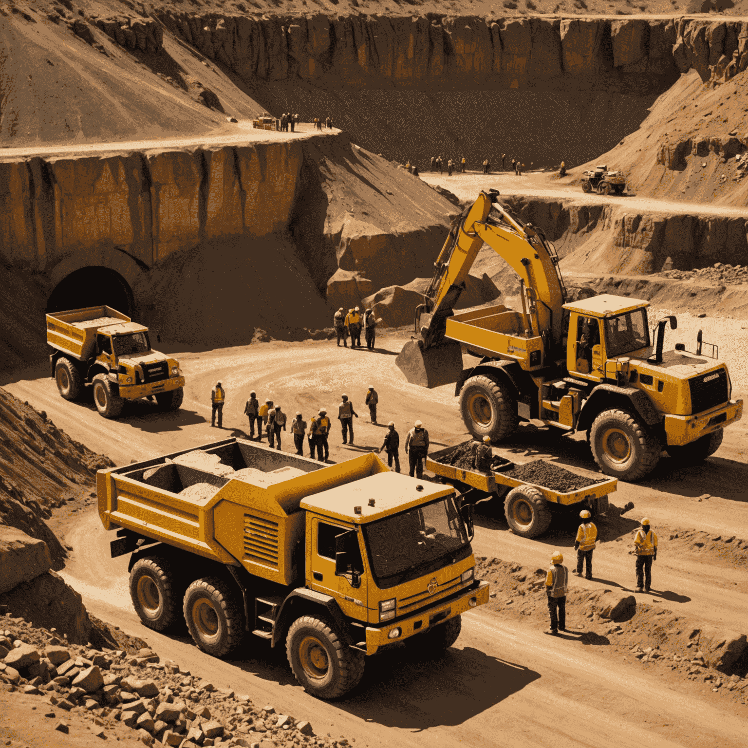 A gold mine with workers and equipment, showcasing Coin Services Gold's commitment to promoting responsible and sustainable gold mining practices in South Africa.